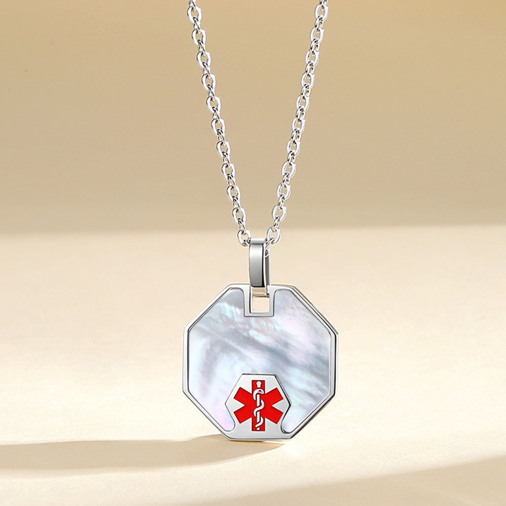 Pearl/Shell Shiny set in Stainless Steel Octagon Medical ID Pendant with 24" chain