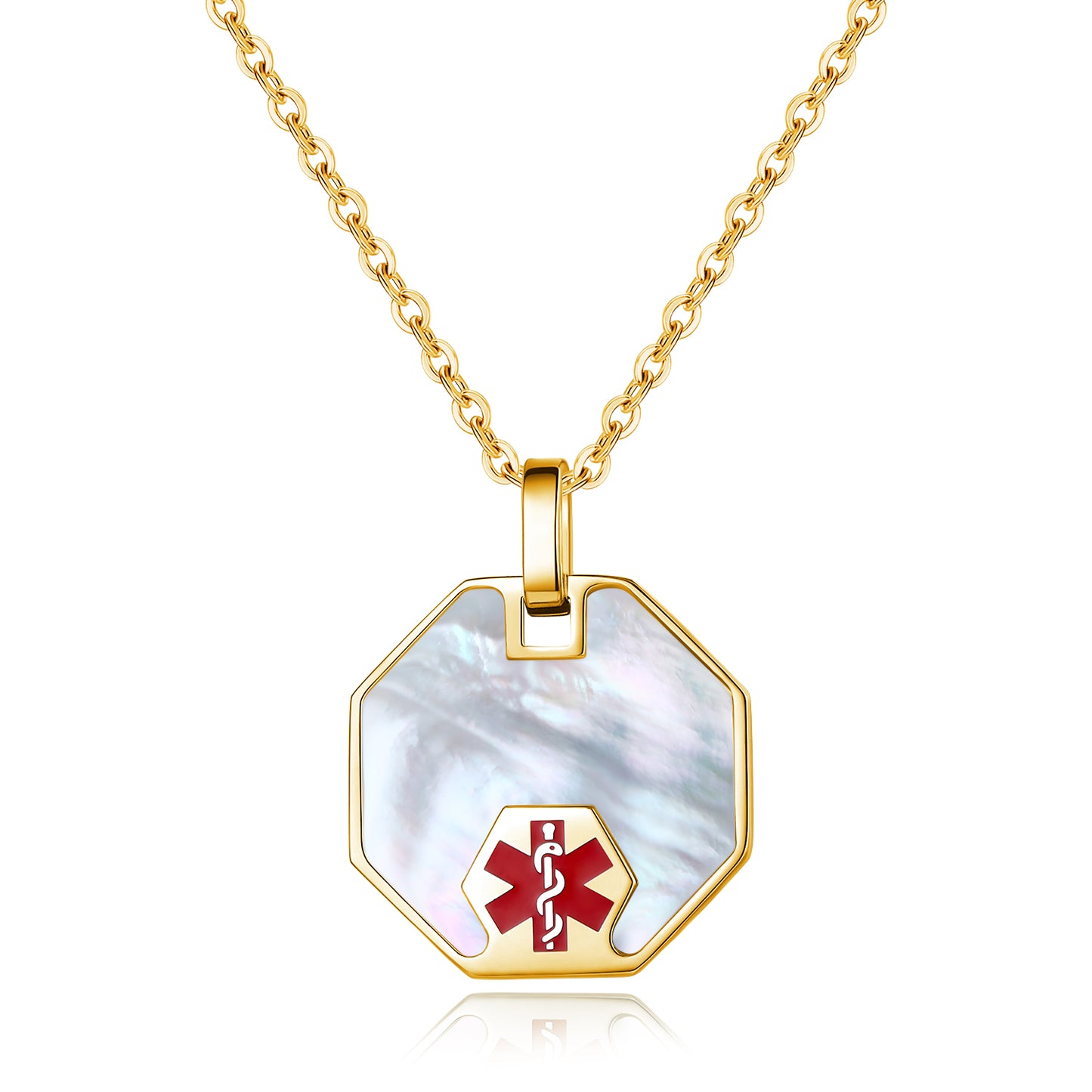 Pearl/Shell Shiny set in Stainless Steel Octagon Medical ID Pendant with 24" chain