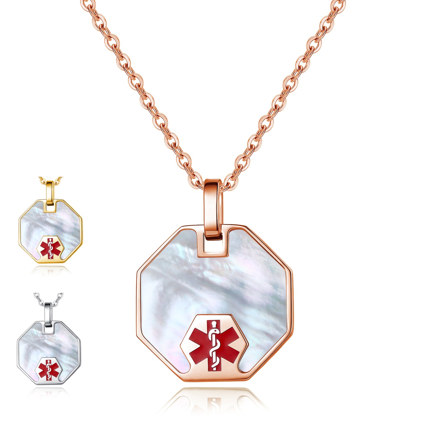 Pearl/Shell Shiny set in Stainless Steel Octagon Medical ID Pendant with 24" chain