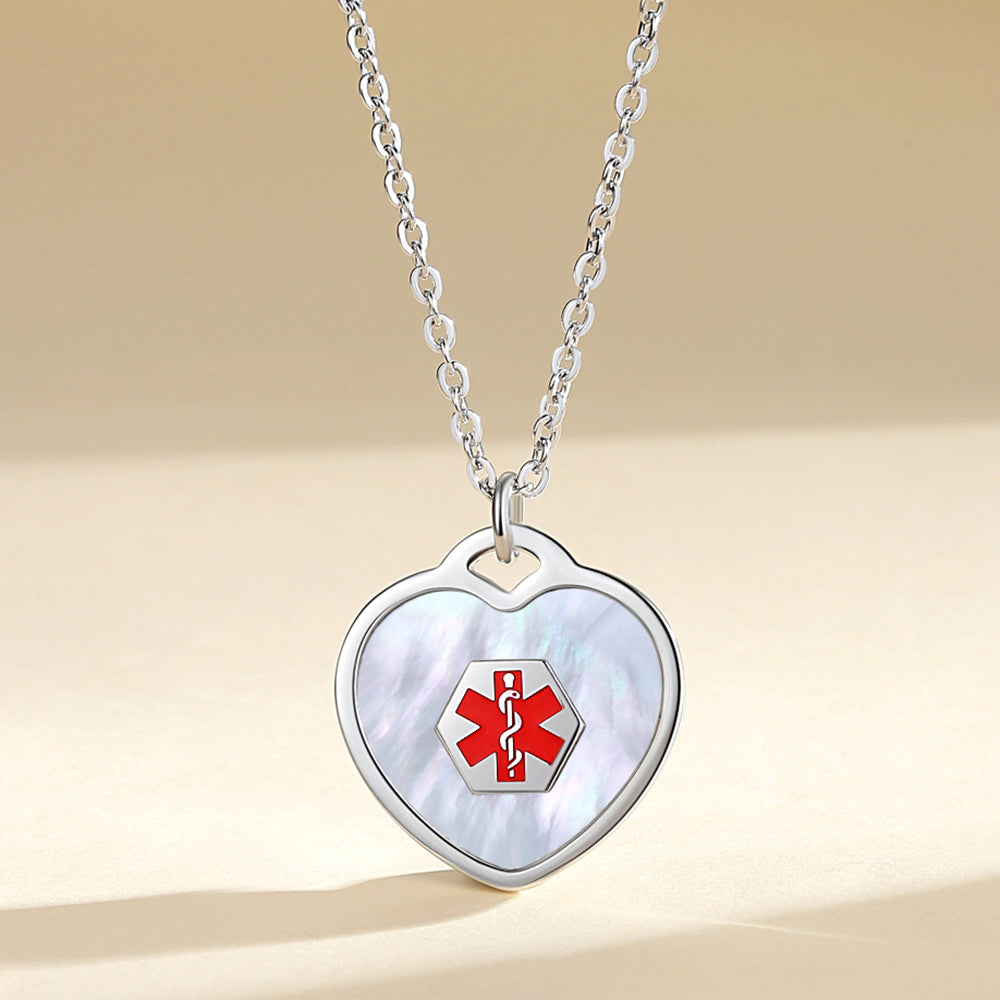 MOP Heart Charm Medical ID Alert Necklaces for Women