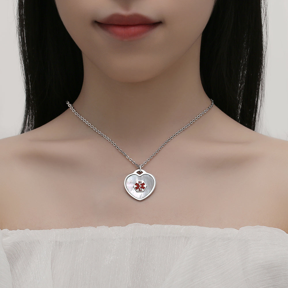 MOP Heart Charm Medical ID Alert Necklaces for Women