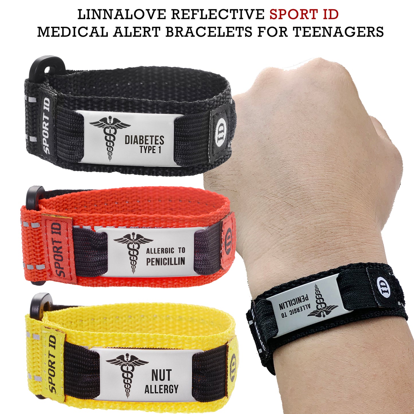 Linnalove Reflective Sport Id Medical Alert Bracelets for Teenagers,boy and Girls with Engraving Diabetes Type 1/2,blood Thinner,Allergic To Penicillin,Nut and More