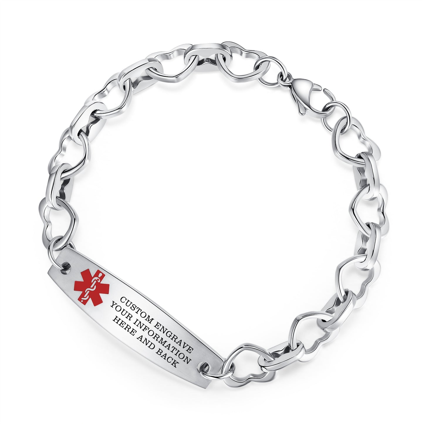 Heart Medical Alert Bracelets for Women Stainless Steel Heart Link Medical bracelets with Free custom engraving